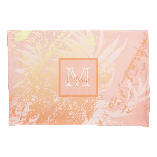 Pink rose gold palm tree leaves coral pillowcase (Front)