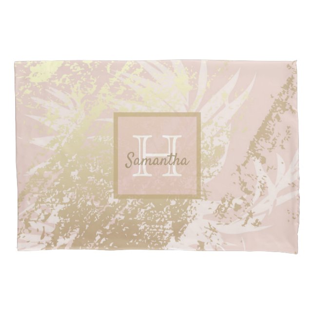 Pink rose gold palm tree leaves white pillowcase (Front)