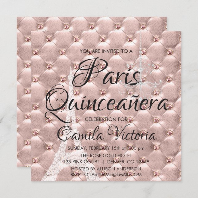 Pink Rose Gold Paris Quinceañera Celebration Invitation (Front/Back)