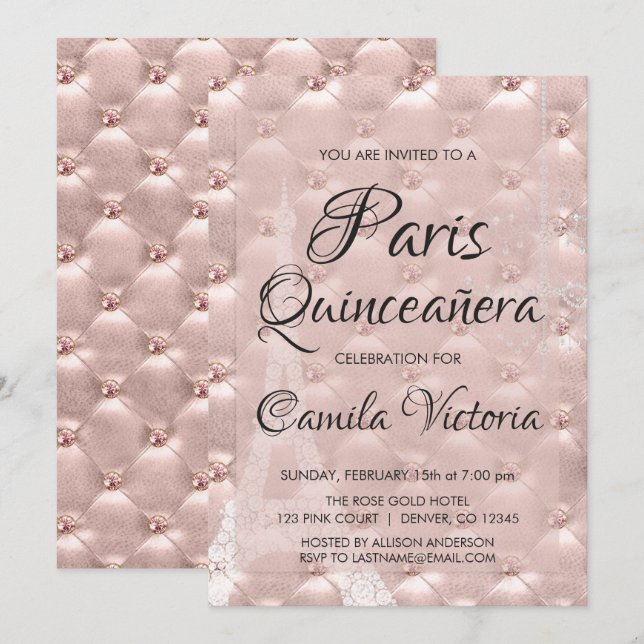 Pink Rose Gold Paris Quinceañera Celebration Invitation (Front/Back)