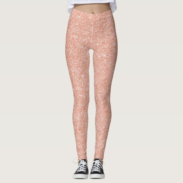Pink Rose Gold Peach Sparkly Glitter Minimal Glam Leggings (Front)