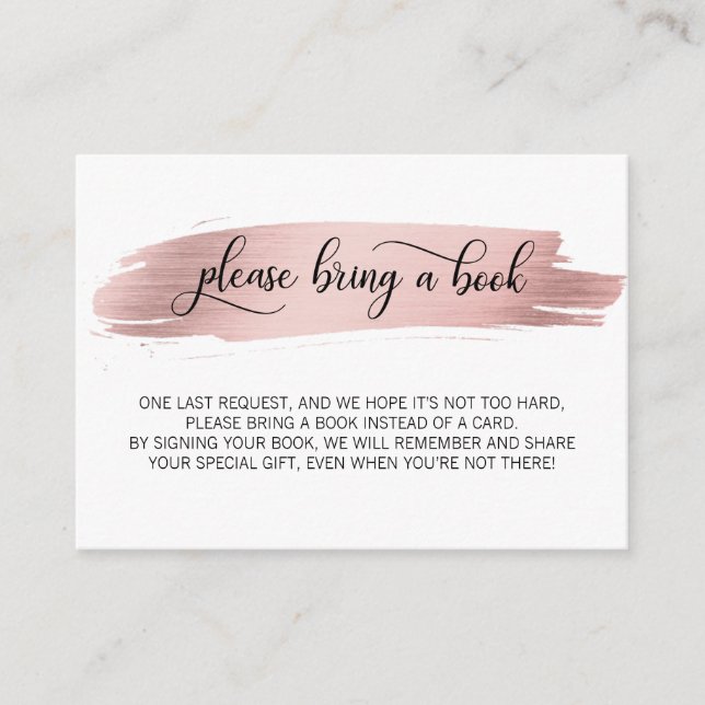 Pink Rose Gold Please Bring a Book Baby Shower Enclosure Card (Front)