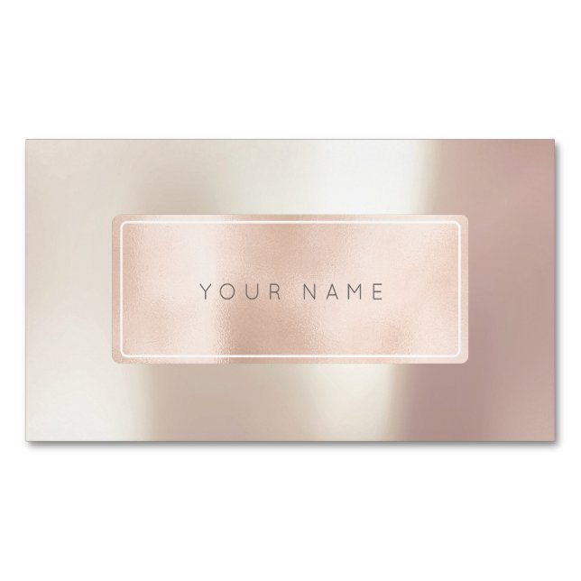 Pink Rose Gold Powder Metal Blush Rectangular Logo Magnetic Business Card (Front)