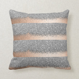 Pink Rose Gold Powder Silver Glitter Stripes Cushion