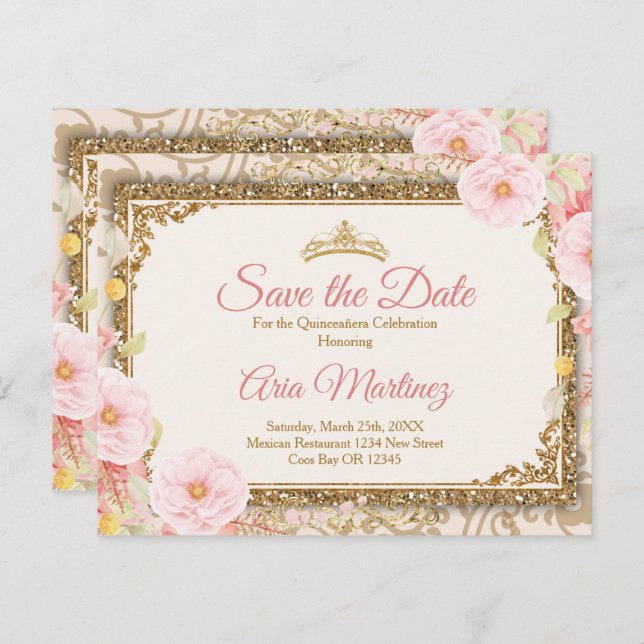 Pink Rose Gold Quinceañera 15 Anos Save the Date  Thank You Card (Front/Back)