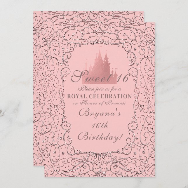 Pink Rose Gold Royal Castle Princess Sweet 16 Invitation (Front/Back)