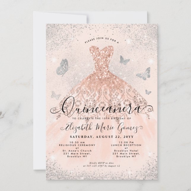 Pink Rose Gold Silver Glitter Gown Quinceanera Invitation (Front)