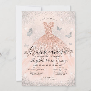 Pink Rose Gold Silver Glitter Gown Quinceanera Invitation