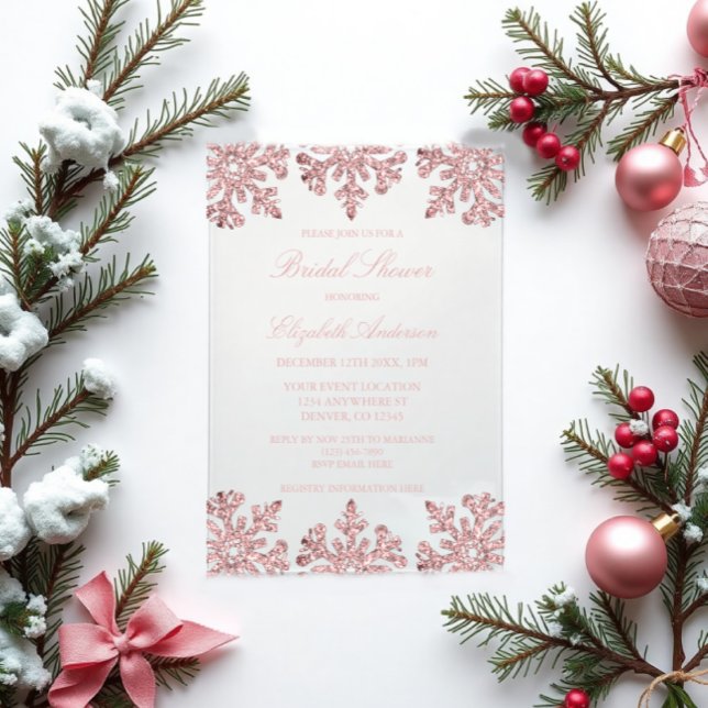 Pink Rose Gold Snowflake Winter Bridal Shower Acrylic Invitations (Creator Uploaded)
