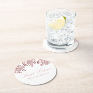Pink Rose Gold Snowflake Winter Sweet 16 Round Paper Coaster