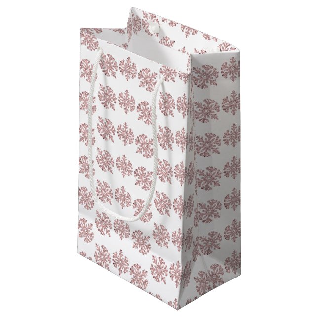 Pink Rose Gold Snowflake Winter Sweet 16 Small Gift Bag (Front Angled)