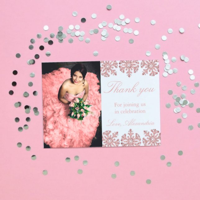 Pink Rose Gold Snowflake Winter Sweet 16 Thank You Card (Creator Uploaded)