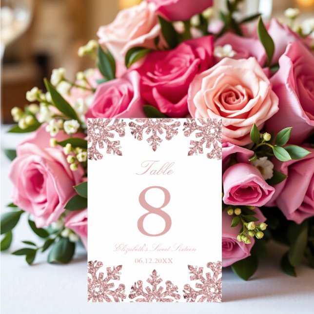 Pink Rose Gold Snowflake Winter Sweet Sixteen Table Number (Creator Uploaded)