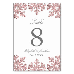 Pink Rose Gold Snowflake Winter Wedding Table Number