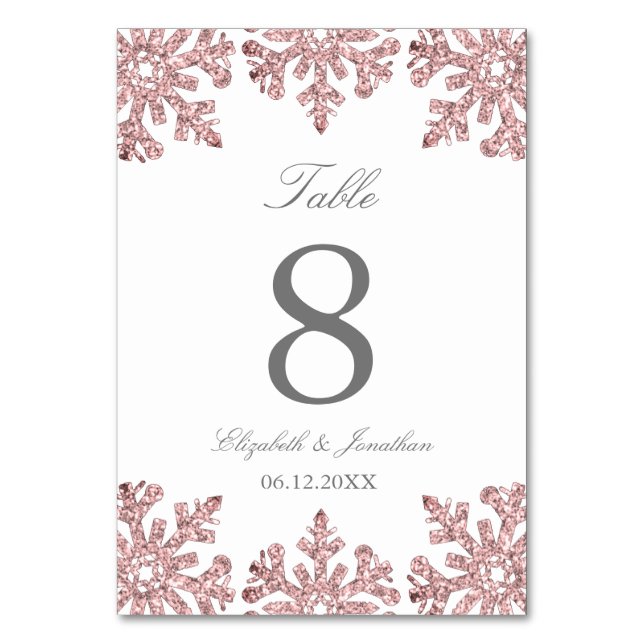 Pink Rose Gold Snowflake Winter Wedding Table Number (Front)