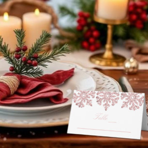 Pink Rose Gold Snowflakes Winter Sweet Sixteen Place Card