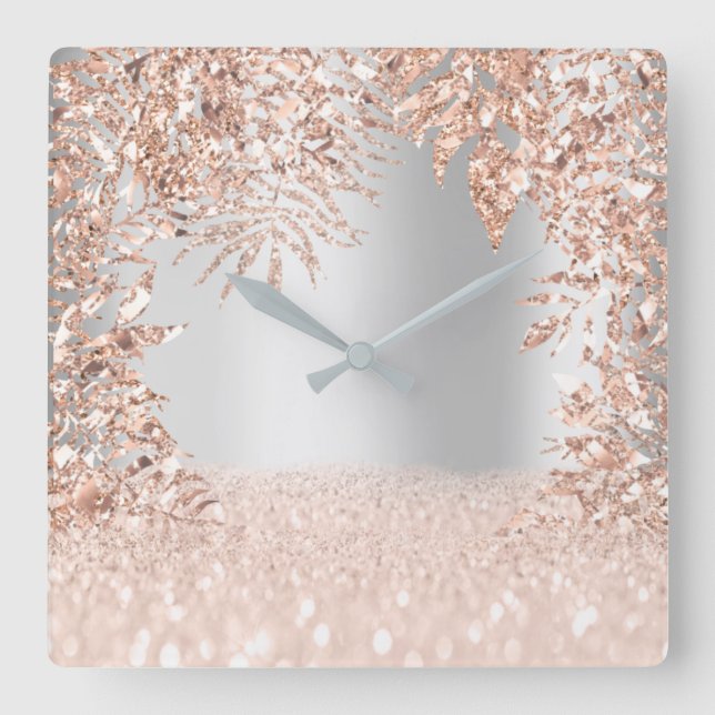 Pink Rose Gold Spark Floral Glitter Blush Grey Square Wall Clock (Front)