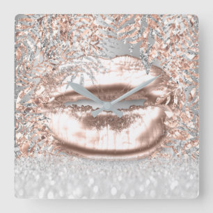 Pink Rose Gold Spark Floral Glitter Lips Grey Square Wall Clock