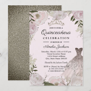 Pink Rose Gold Sparkle Dress Floral Quinceanera Invitation