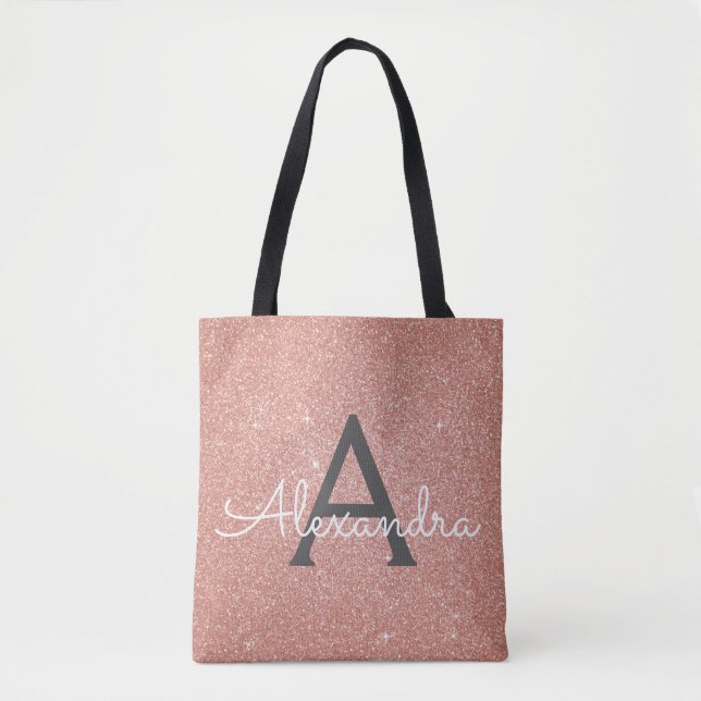 Pink Rose Gold Sparkle Elegant Monogram Book Bag (Front)