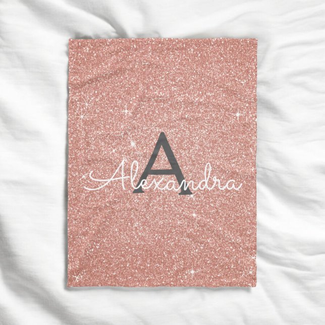 Pink Rose Gold Sparkle Glitter Monogram Name Fleece Blanket (Creator Uploaded)
