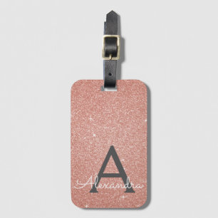 Pink Rose Gold Sparkle Glitter Monogram Name Luggage Tag