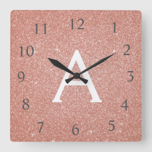 Pink - Rose Gold Sparkle Glitter Monogram Name Square Wall Clock