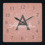 Pink - Rose Gold Sparkle Glitter Monogram Name Square Wall Clock<br><div class="desc">Blush Pink - Rose Gold and Charcoal Grey (grey) Sparkle Glitter Monogram Name and Initial Serving Wall Clock. The Wall Clock makes the perfect gift for someone who loves pink sparkle glitter and works in Microblading,  Eyelash Extensions (Lashes),  Hair Stylist,  Nail Salon,  Skin Care or Beauty Salon.</div>