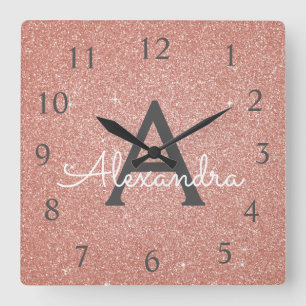 Pink - Rose Gold Sparkle Glitter Monogram Name Square Wall Clock