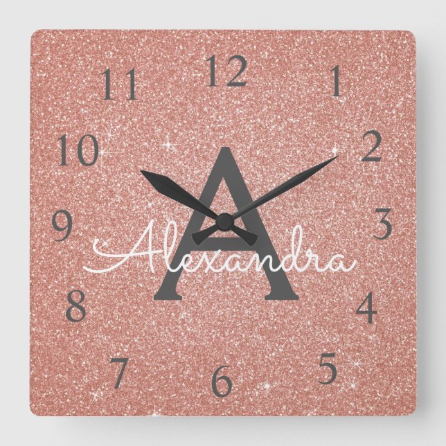 Pink - Rose Gold Sparkle Glitter Monogram Name Square Wall Clock (Front)