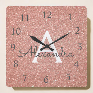 Pink - Rose Gold Sparkle Glitter Monogram Name Square Wall Clock