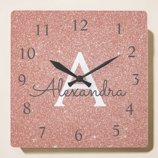 Pink - Rose Gold Sparkle Glitter Monogram Name Square Wall Clock (Creator Uploaded)