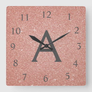 Pink - Rose Gold Sparkle Glitter Monogram Name Square Wall Clock