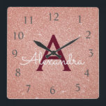 Pink - Rose Gold Sparkle Glitter Monogram Name Square Wall Clock<br><div class="desc">Blush Pink - Rose Gold and Burgundy Sparkle Glitter Monogram Name and Initial Serving Wall Clock. The Wall Clock makes the perfect gift for someone who loves pink sparkle glitter.</div>