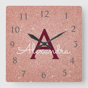 Pink - Rose Gold Sparkle Glitter Monogram Name Square Wall Clock