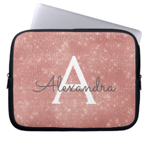 Pink Rose Gold Sparkle Modern Monogram Name Laptop Sleeve