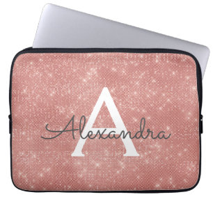 Pink Rose Gold Sparkle Modern Monogram Name Laptop Sleeve