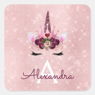 Pink Rose Gold Sparkle Unicorn Monogram Birthday Square Sticker