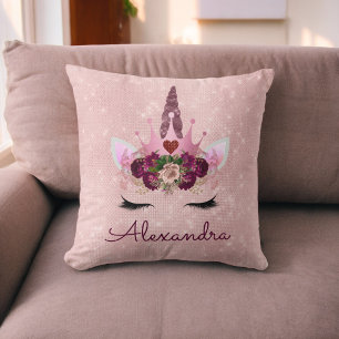 Pink Rose Gold Sparkle Unicorn Monogram Room Decor Cushion