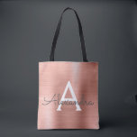 Pink Rose Gold Stainless Steel Monogram Tote Bag<br><div class="desc">Pink Rose Gold Faux Stainless Steel Elegant Monogram Book Bag. This case can be customised to include your initial and first name.</div>