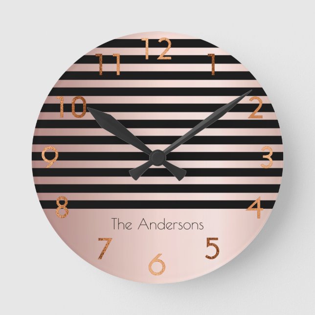 Pink rose gold stripes black monogram round clock (Front)