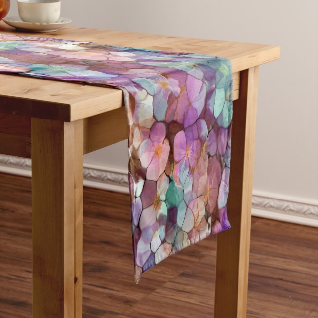 Pink Rose Gold Teal Mosaic Millefiori Flowers Short Table Runner (In Situ)