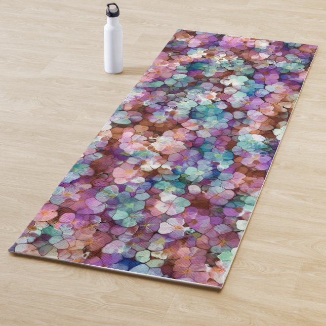 Pink Rose Gold Teal Mosaic Millefiori Flowers Yoga Mat (In Situ)