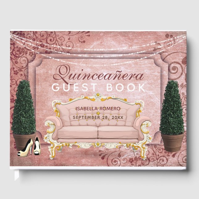 Pink Rose Gold Topiary Garden Quinceañera Guest Book (Front)