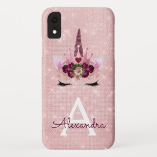 Pink - Rose Gold Unicorn Sparkle Princess Monogram iPhone XR Case