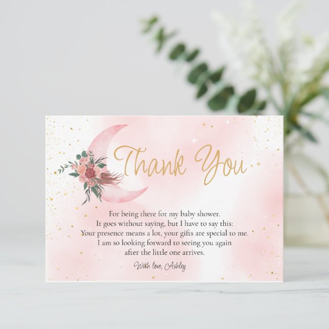 Pink rose gold We are over the Moon baby shower  Thank You Card (Standing Front)