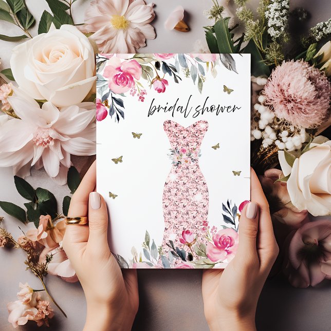 Pink Rose Gold Wedding Gown Floral bridal Shower Invitation (Creator Uploaded)