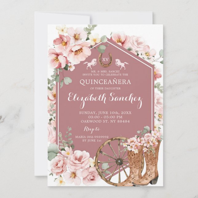 Pink Rose Gold Western Charra Quinceañera Invitation (Front)