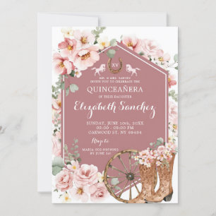 Pink Rose Gold Western Charra Quinceañera Invitation