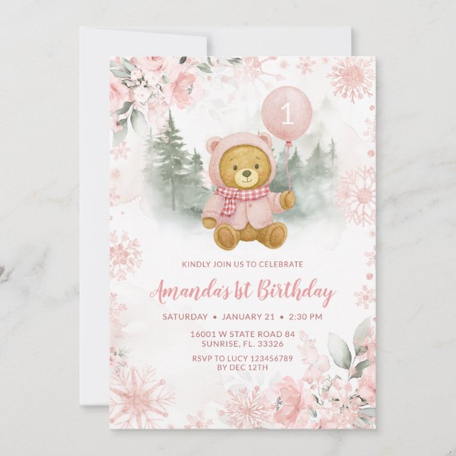 Pink Rose Gold Winter Bear Balloon 1st Birthday Invitation (Front)